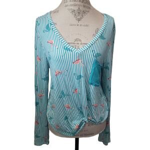 Self Esteem Pink & Blue Flamingo Print V Cut Long Sleeved Light Weight Shirt